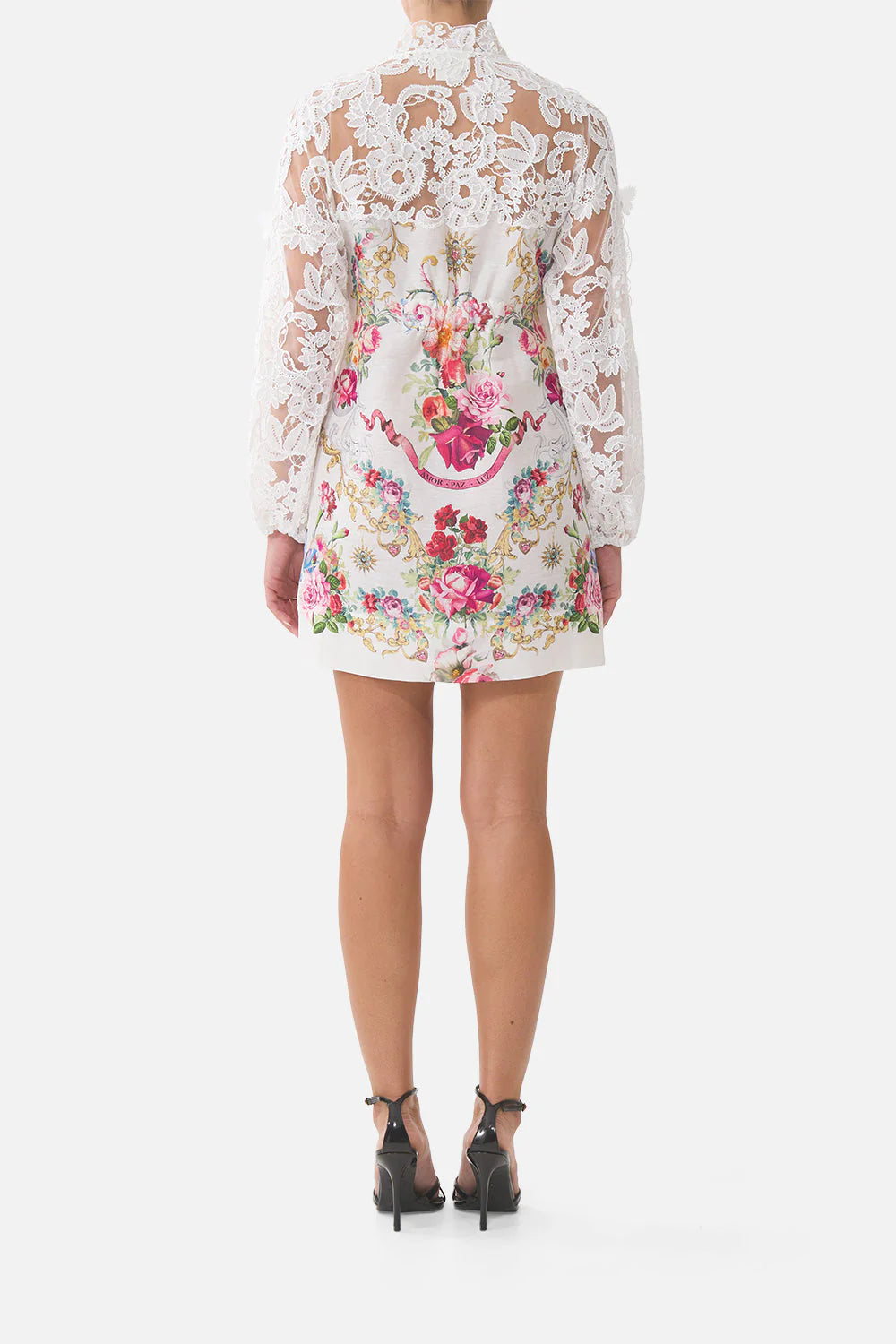 Torero Libertine Floral Lace Linen Mini Dress in White