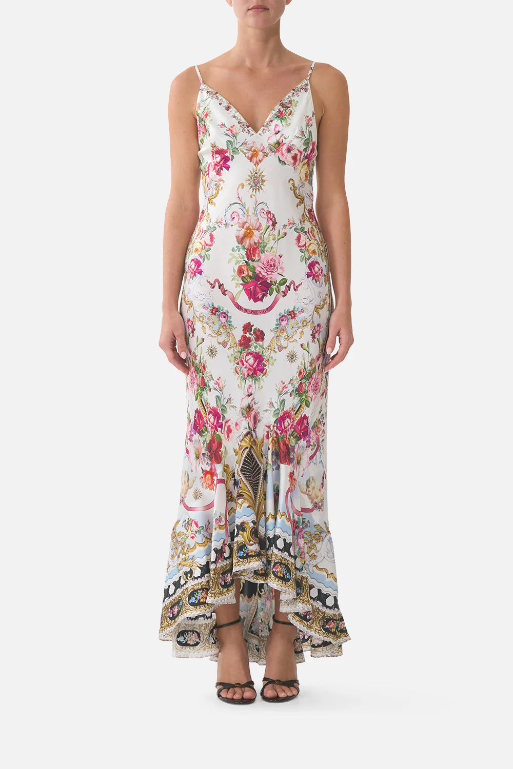 Torero Libertine Floral Flounce Hem Sleeveless Slip Silk Maxi Dress in White