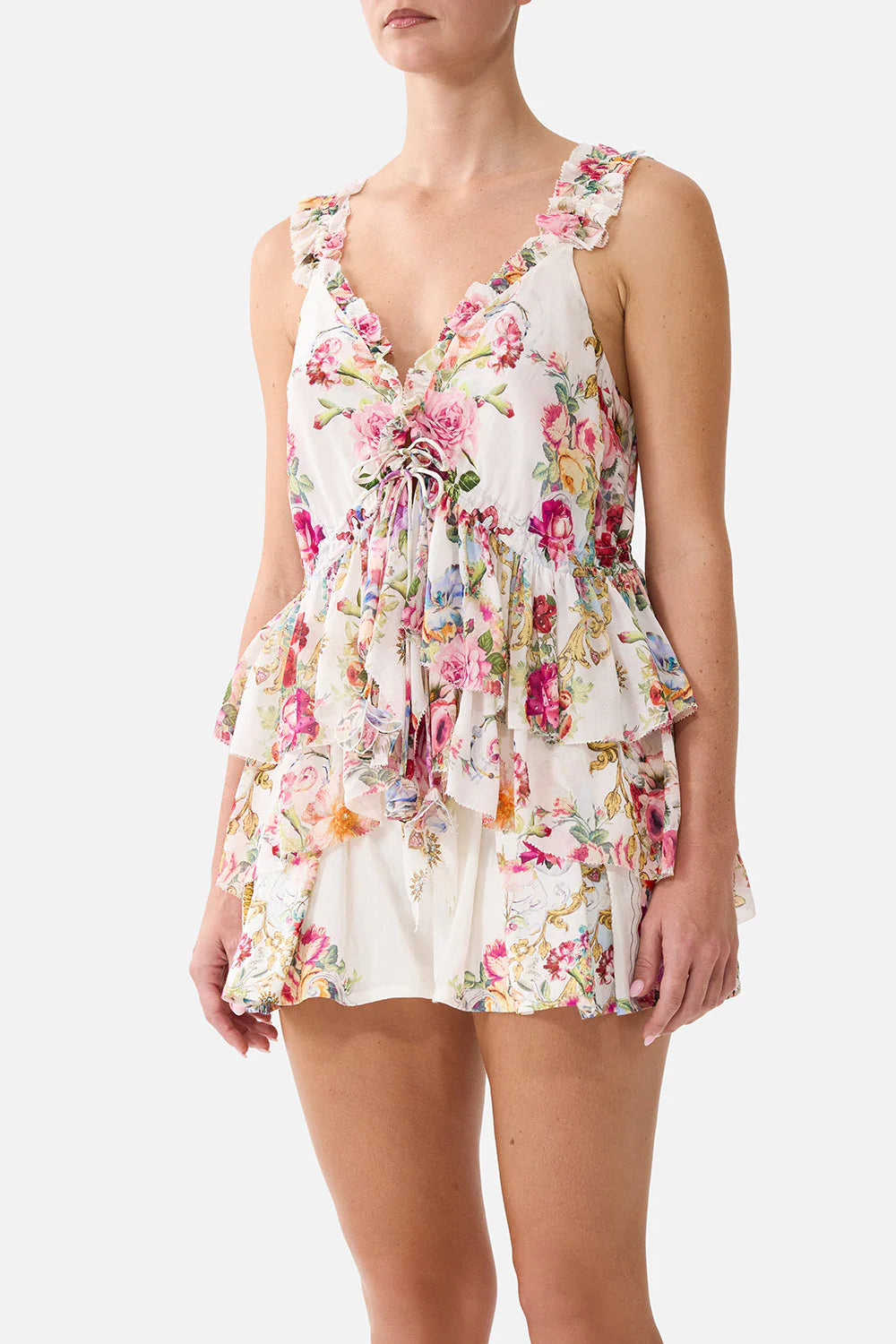 Torero Libertine Floral Sleeveless Ruffles Tie Front Detail Silk Top in White