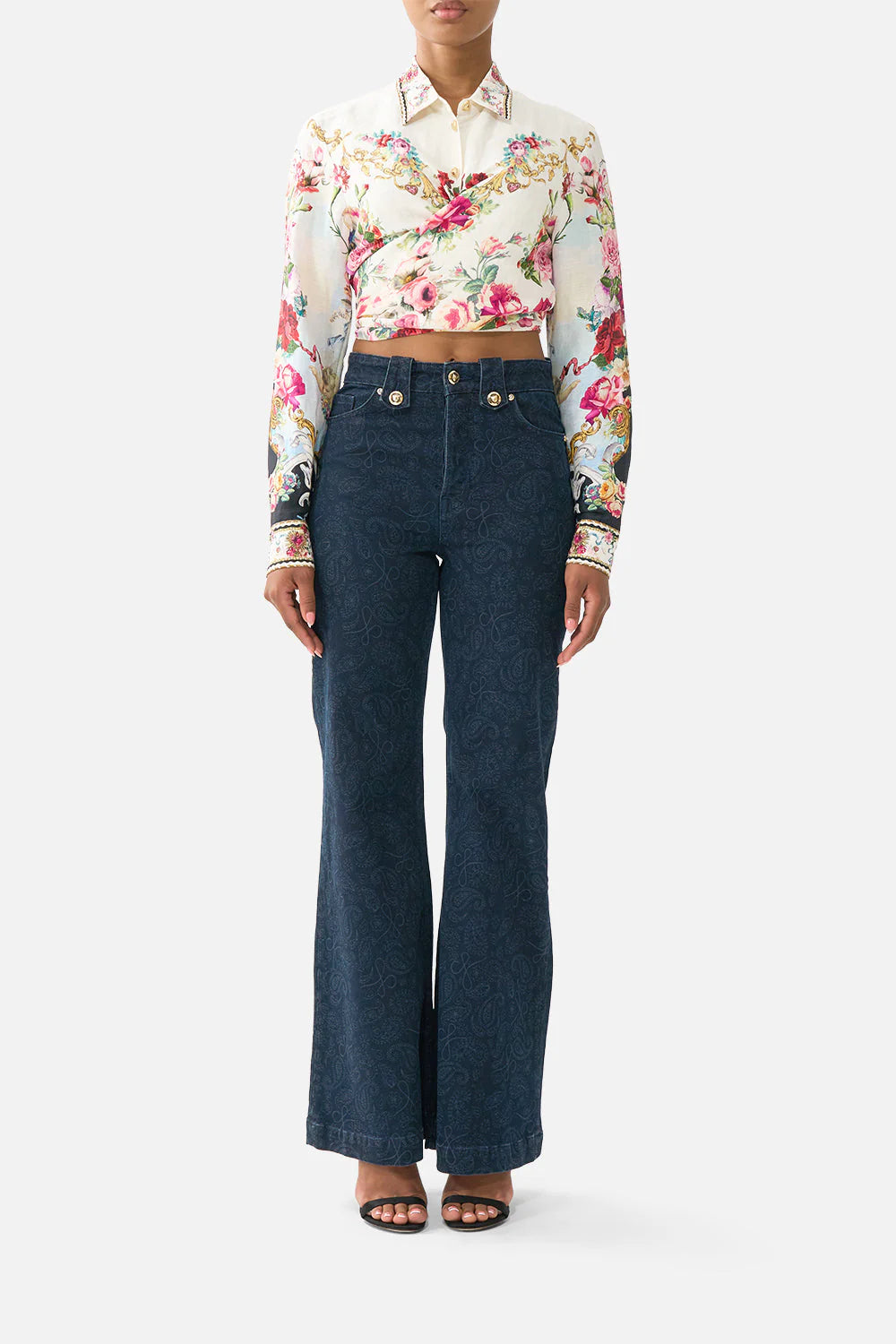 Torero Libertine Floral Cropped Wrap Tie Collared Linen Top in White