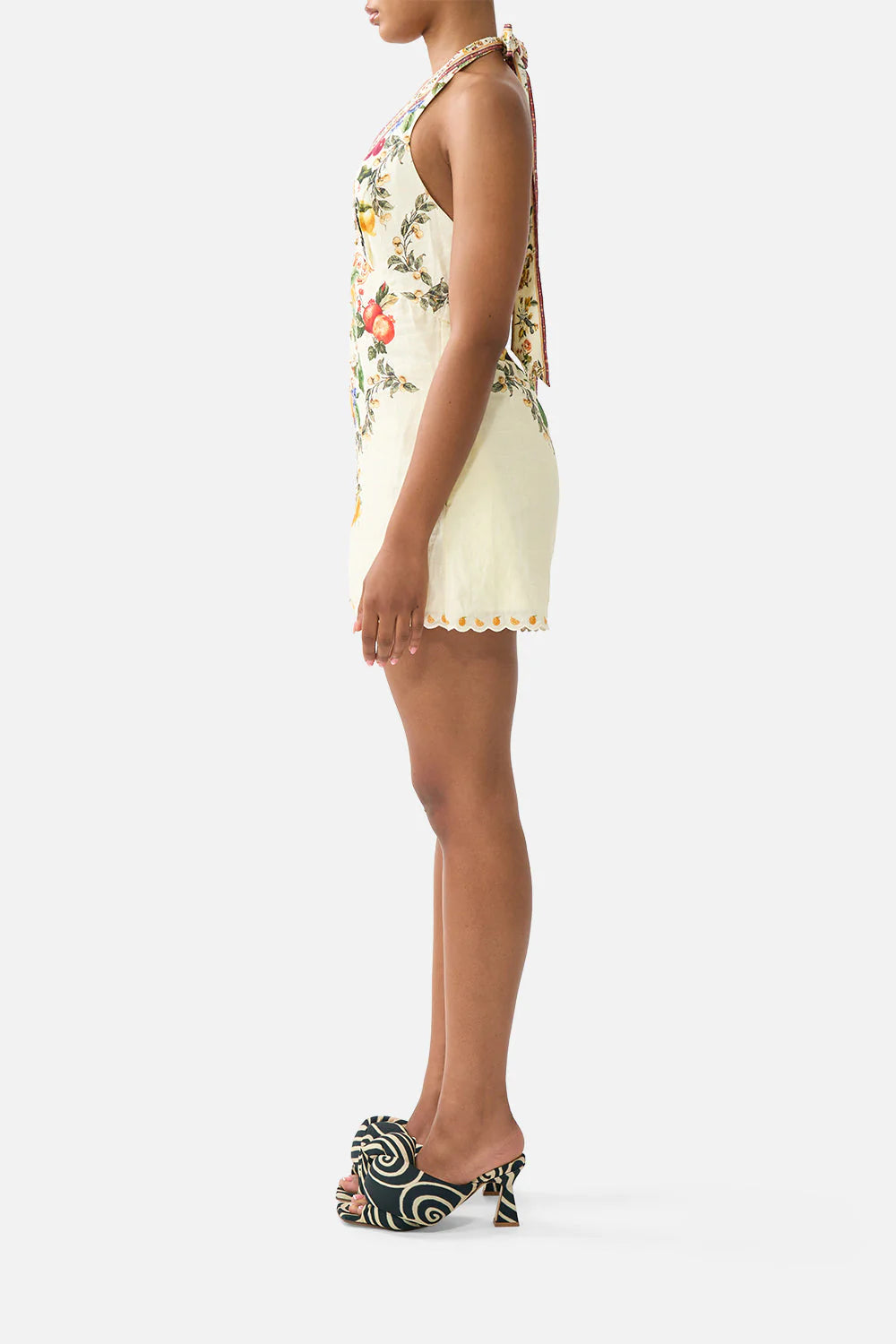 Va Va Vintage Floral Button Front Halter Neck Linen Jumpsuit in Yellow