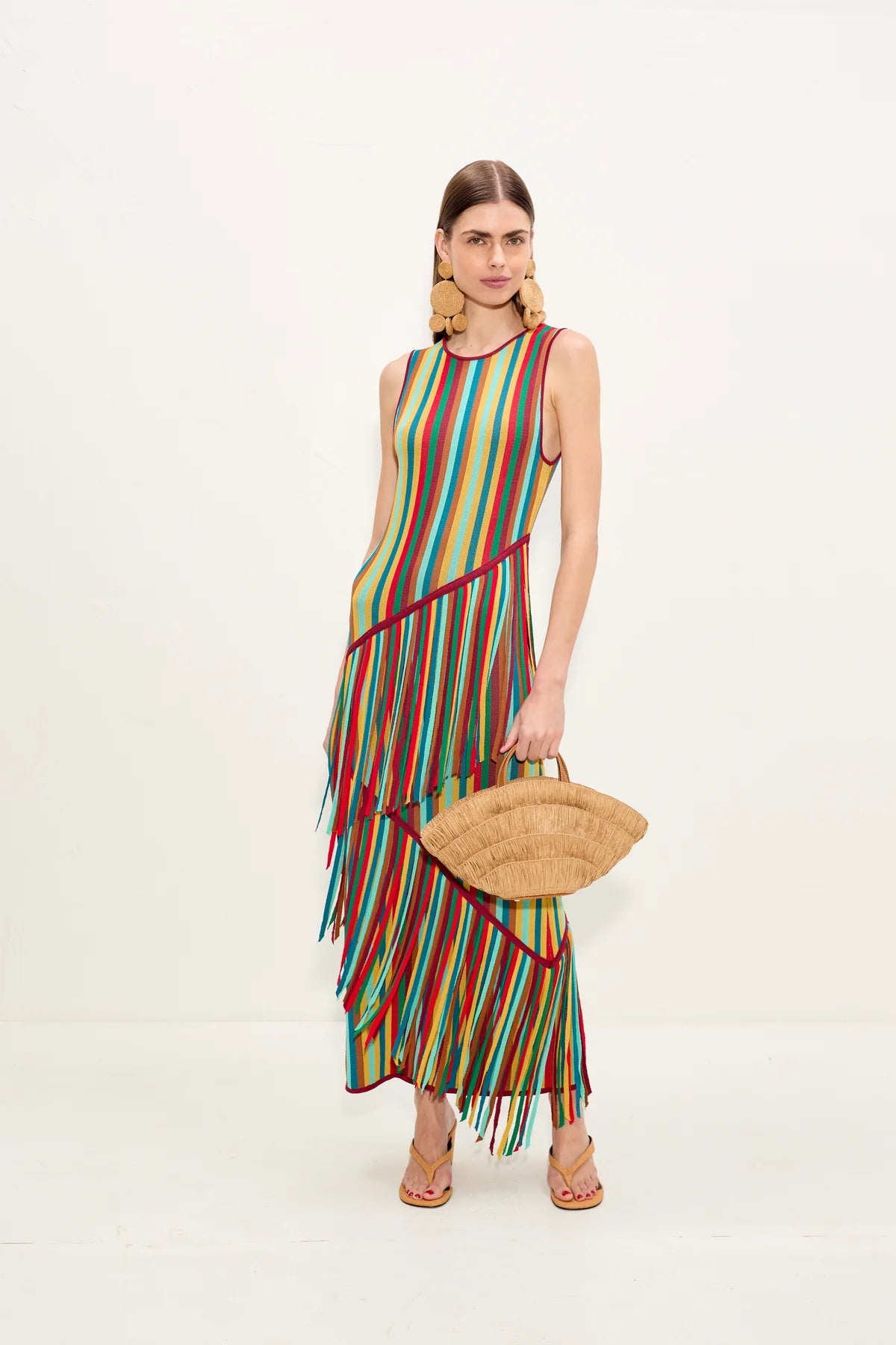 Spiral Knit Sleeveless Fringes Maxi Dress in Green