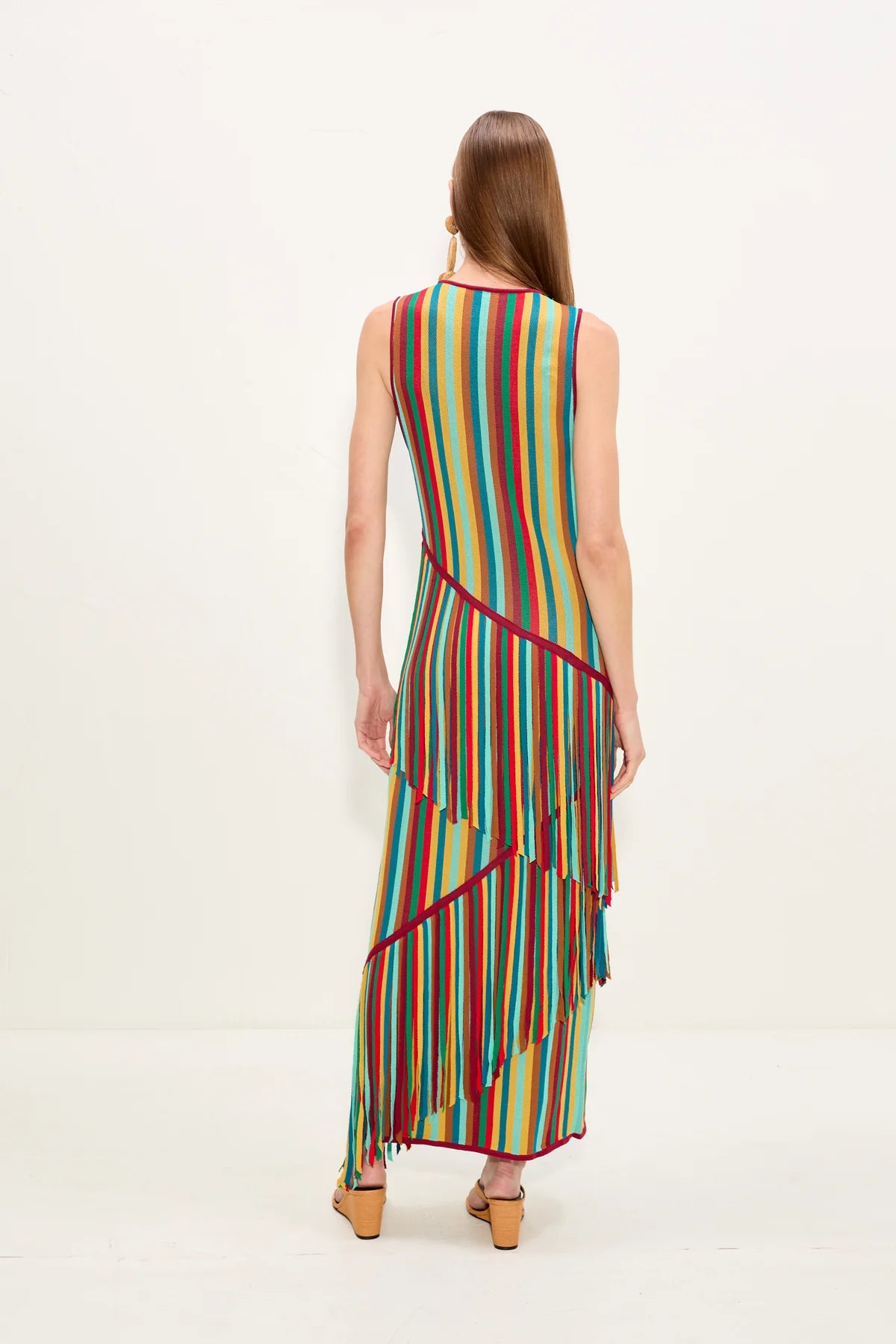 Spiral Knit Sleeveless Fringes Maxi Dress in Green