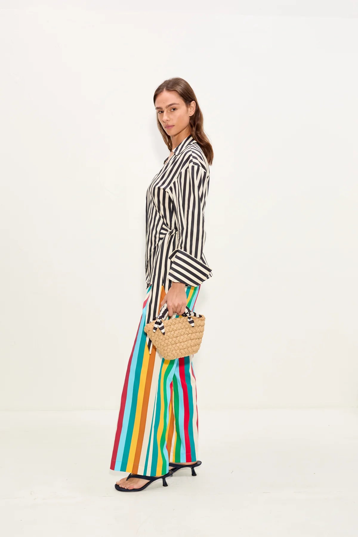 Inna Sleeveless Poplin Striped Button Up Cotton Top in Black