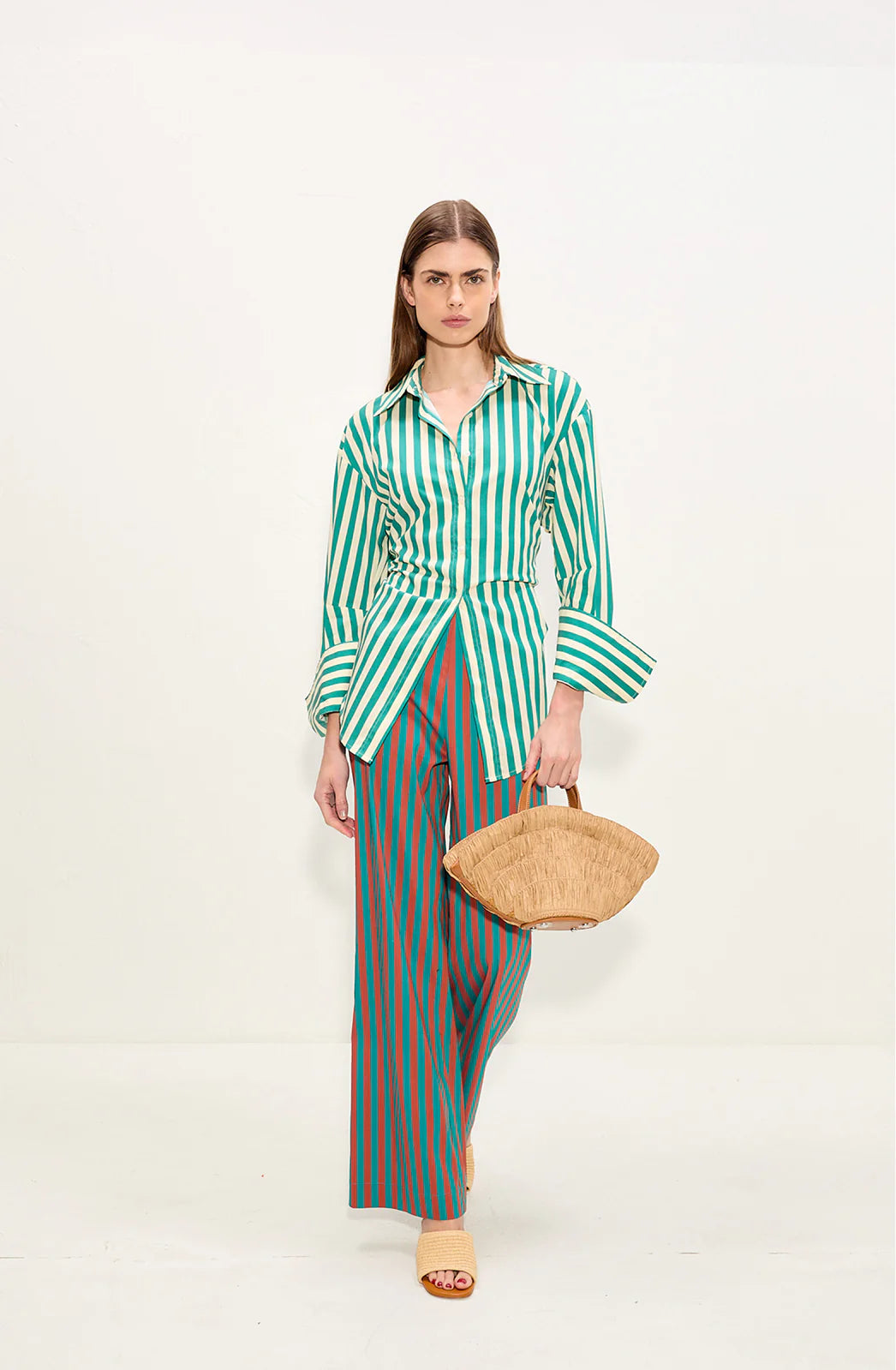 Loch Poplin Open Back Striped Button Up Cotton Top in Green