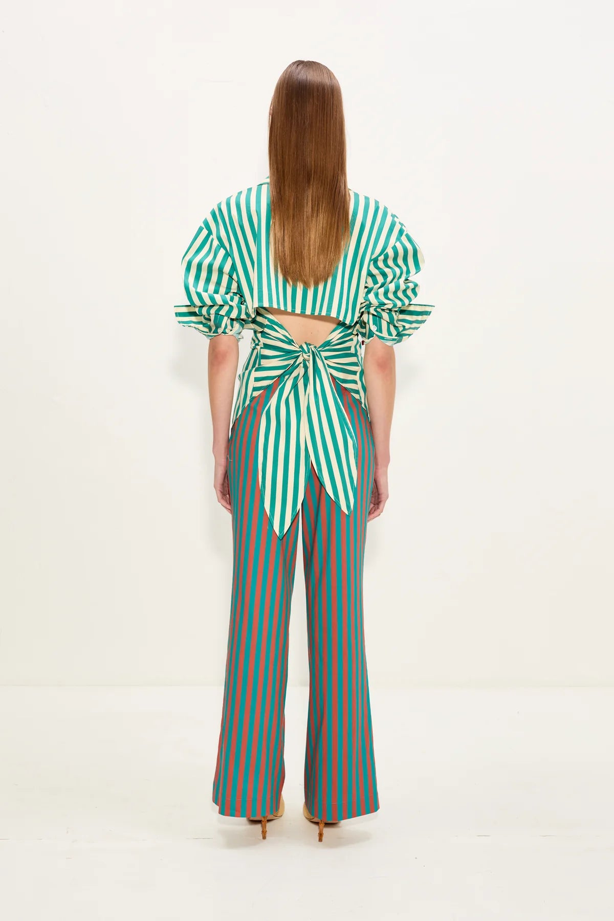 Loch Poplin Open Back Striped Button Up Cotton Top in Green
