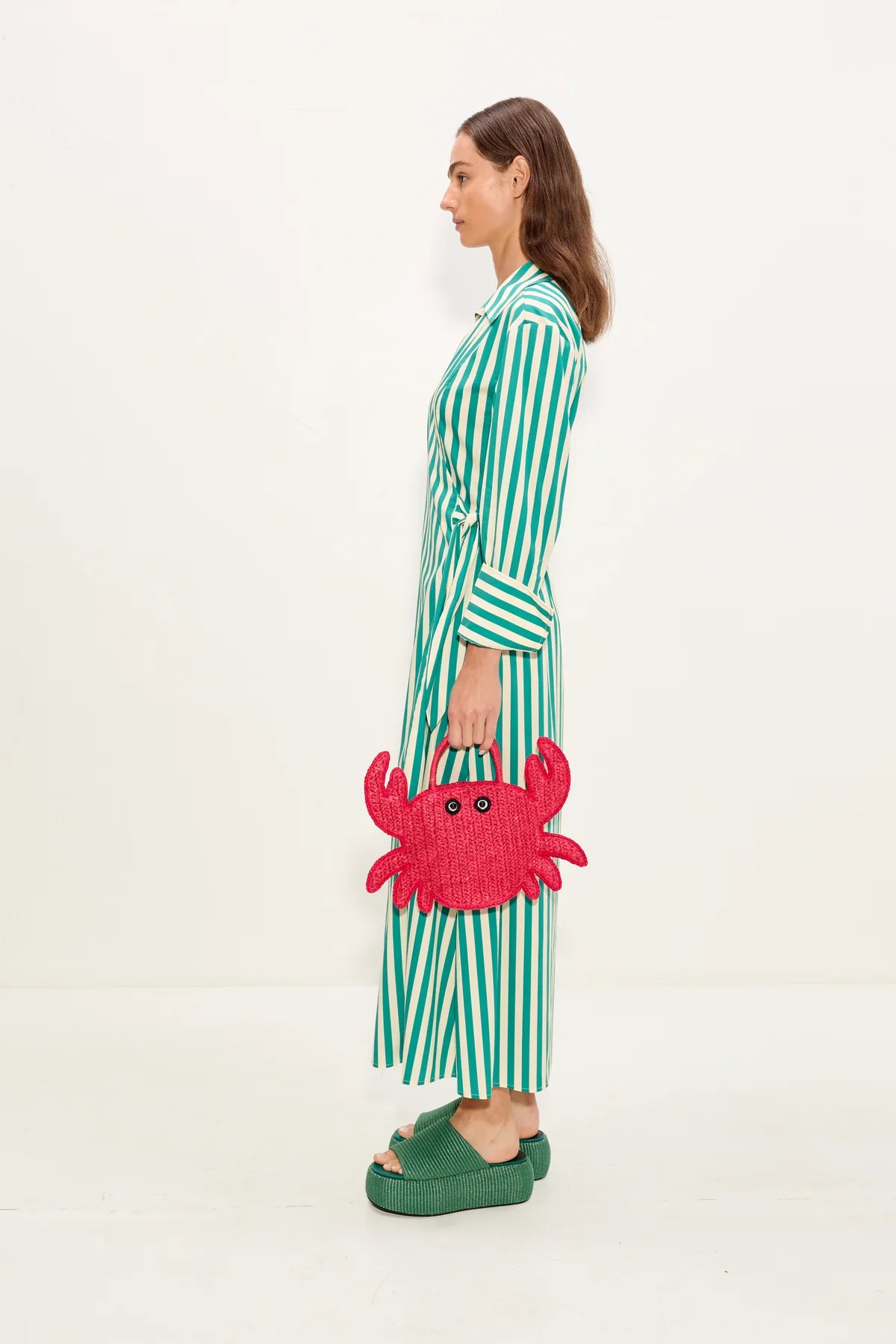 Anya Poplin Striped Wrap Cotton Maxi Dress in Green