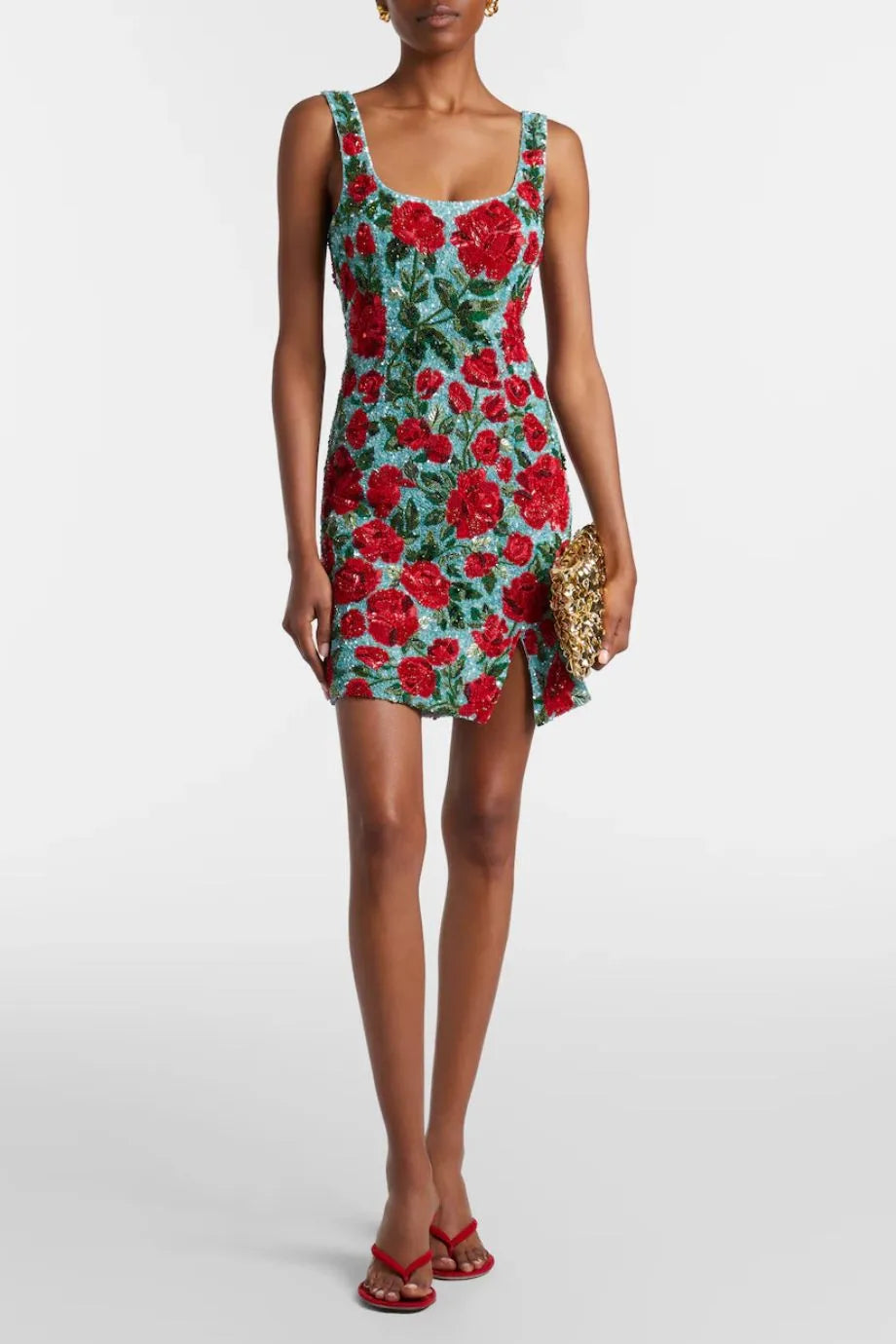 Crimson Rose Sequins Beaded Crystals Sleeveless Mini Dress in Blue