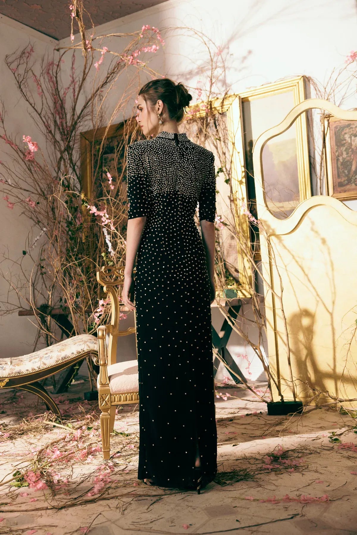 Nyx Constellation Bloom Crystals Embellished Evening Dress in Black