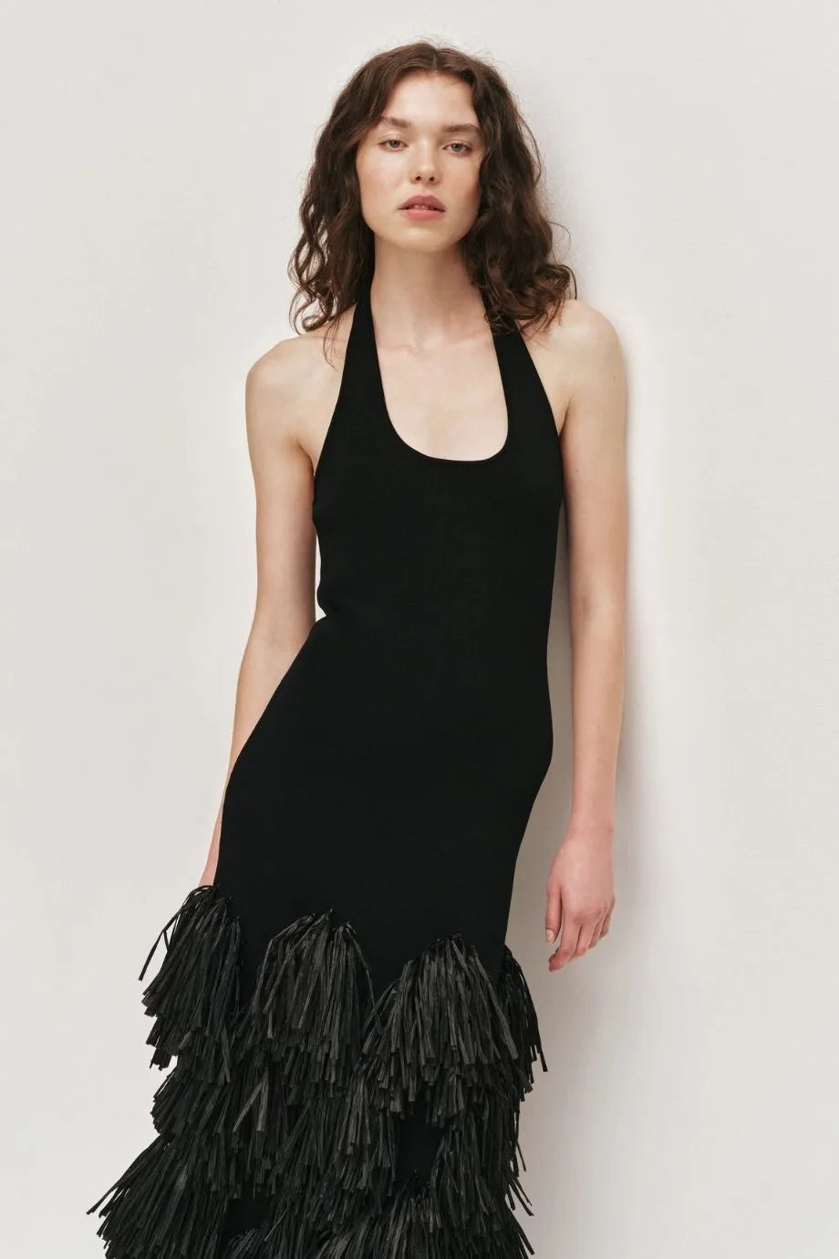Elva Raffia Knit Sleeveless Midi Dress in Black