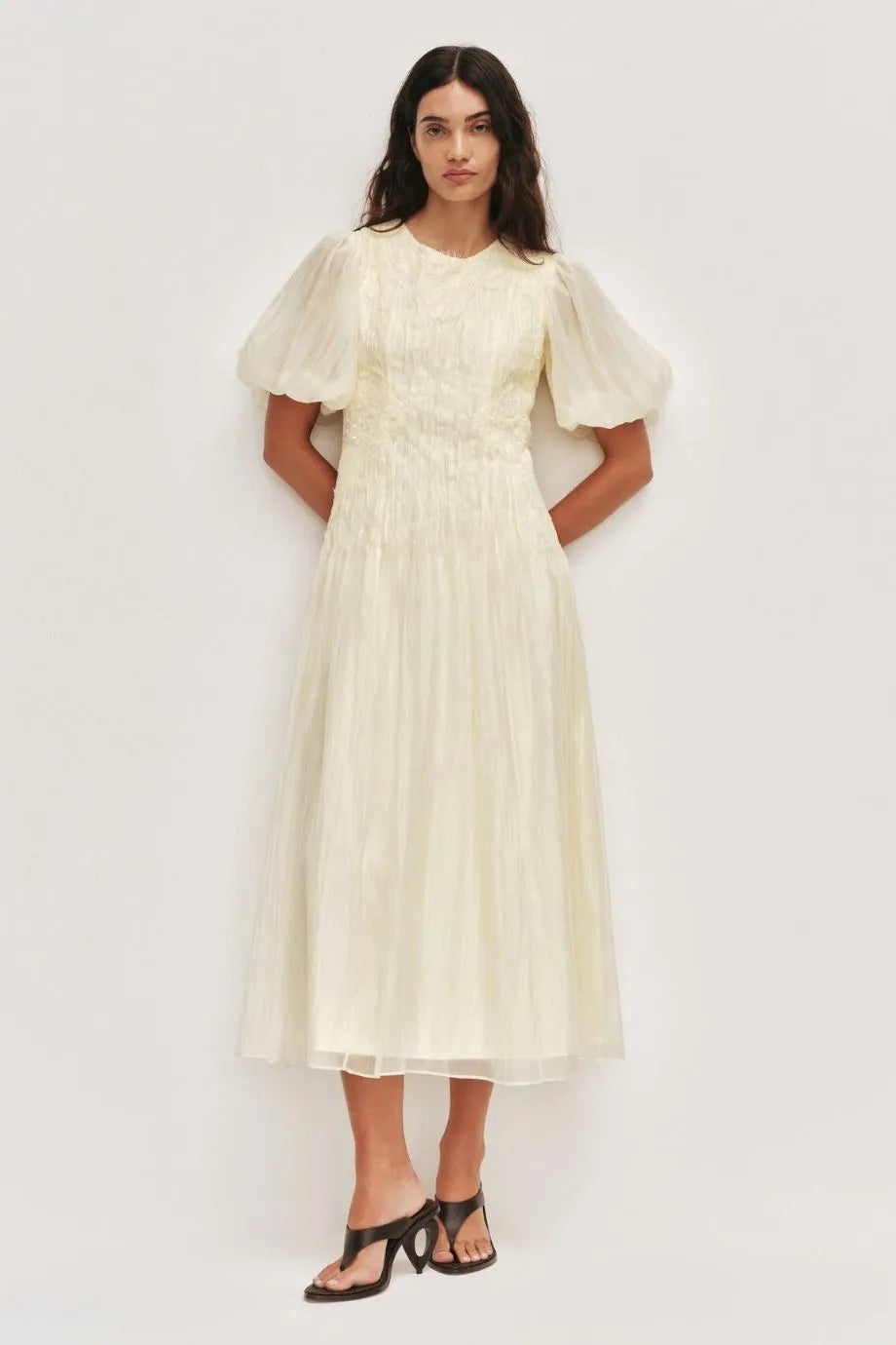 Ophelia Lace Midi Dress in Yellow