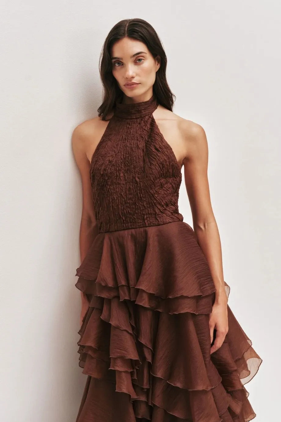 Fayette Ruffles Halter Neck Sleeveless Maxi Dress in Brown