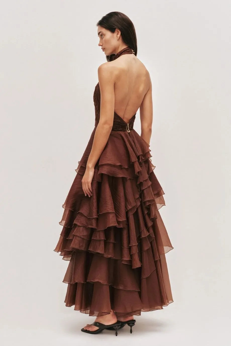 Fayette Ruffles Halter Neck Sleeveless Maxi Dress in Brown