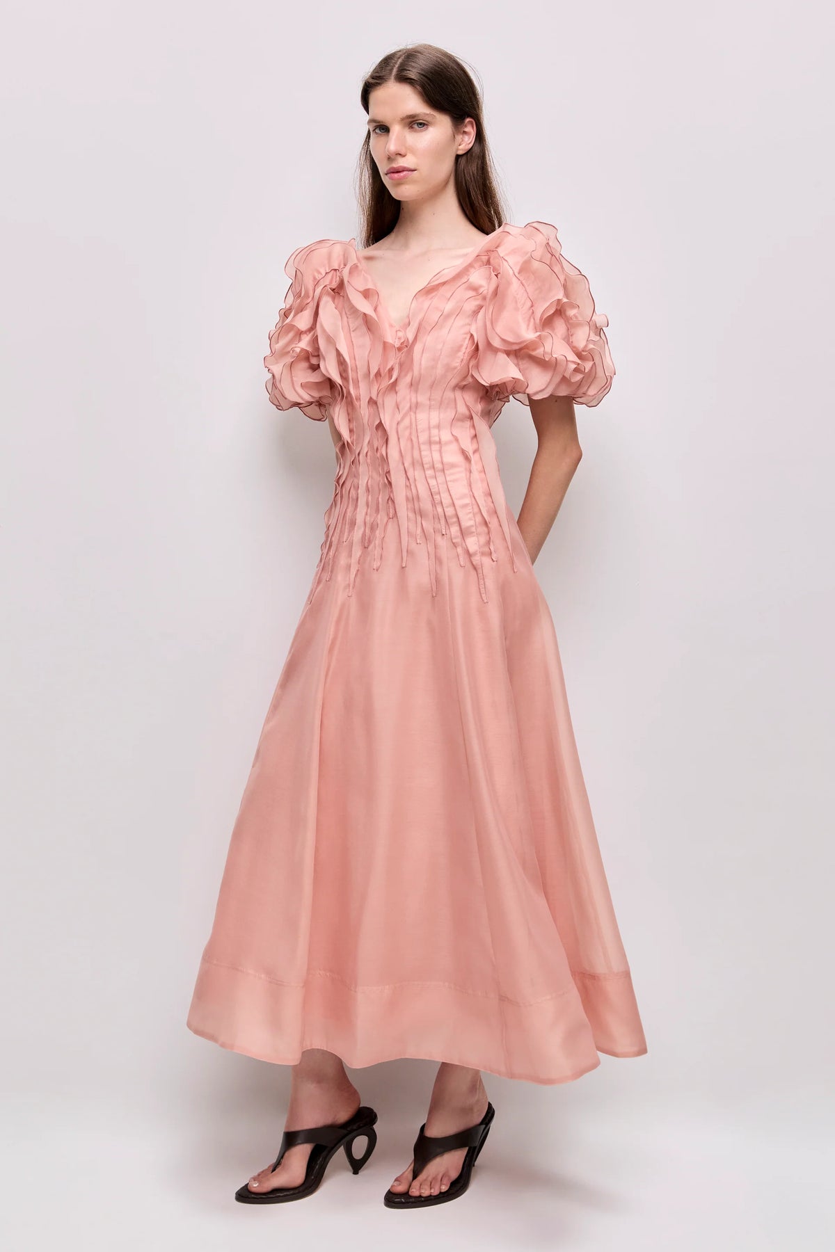 Seraphina Puff Sleeves Midi Dress in Pink