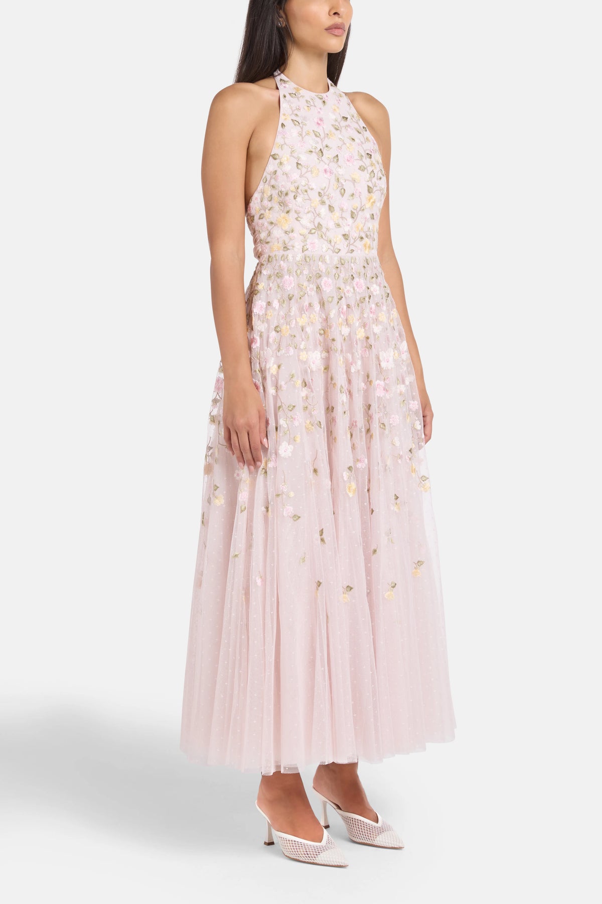 Trailing Roses Halter Neck Sleeveless Floral Evening Dress in Pink