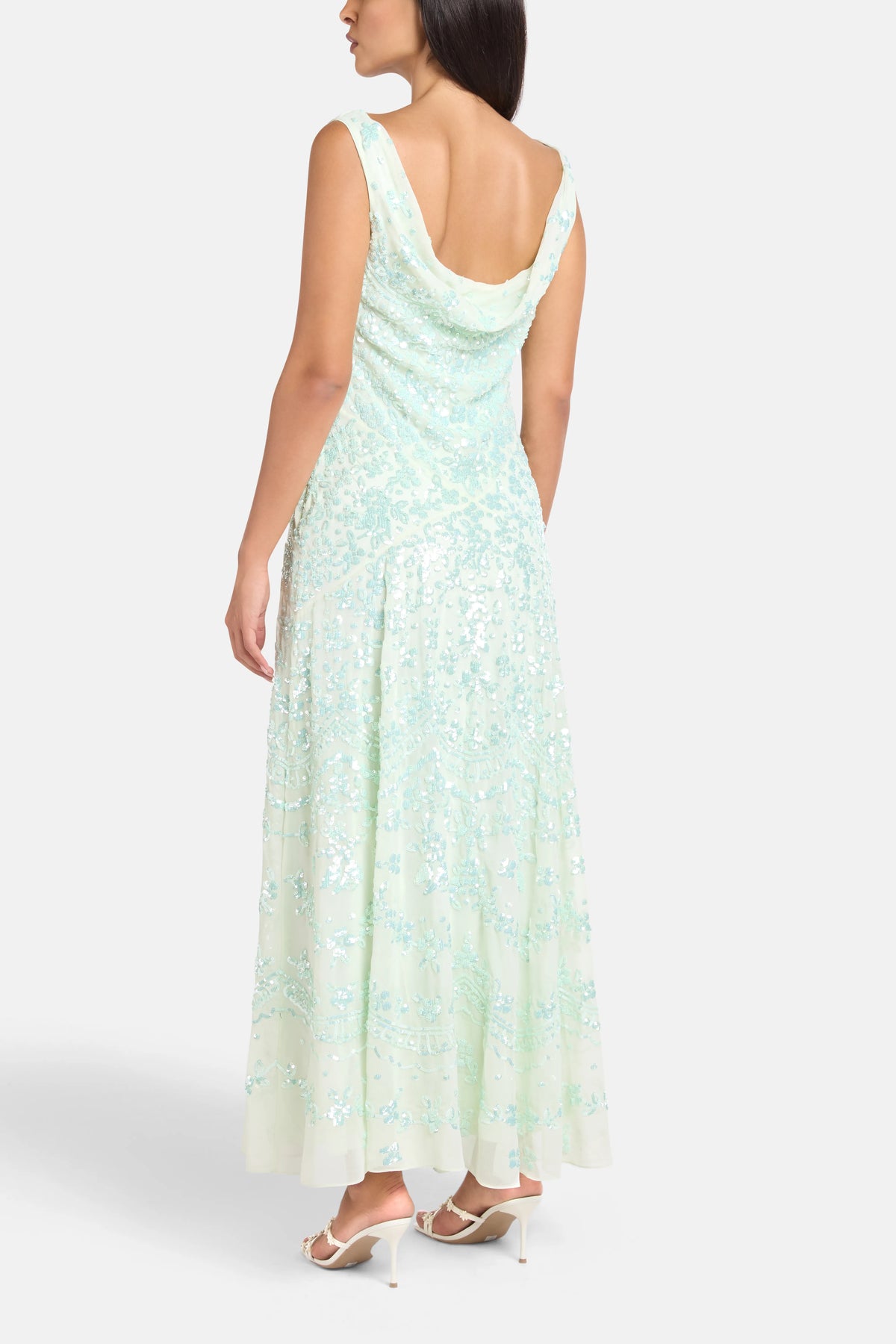 Freya Georgette Sleeveless Floral Sequins Evening Dress in Green