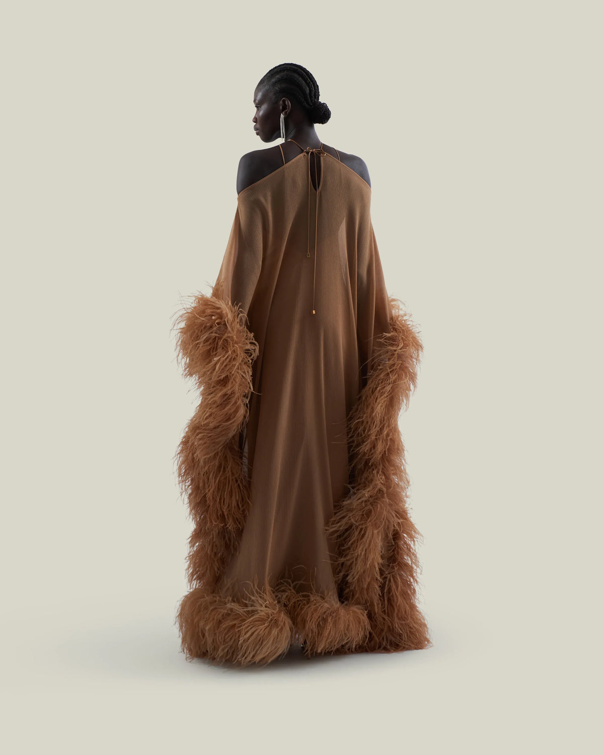 Sza Sza Spirito Halter Neck Feathered Silk Maxi Kaftan in Brown