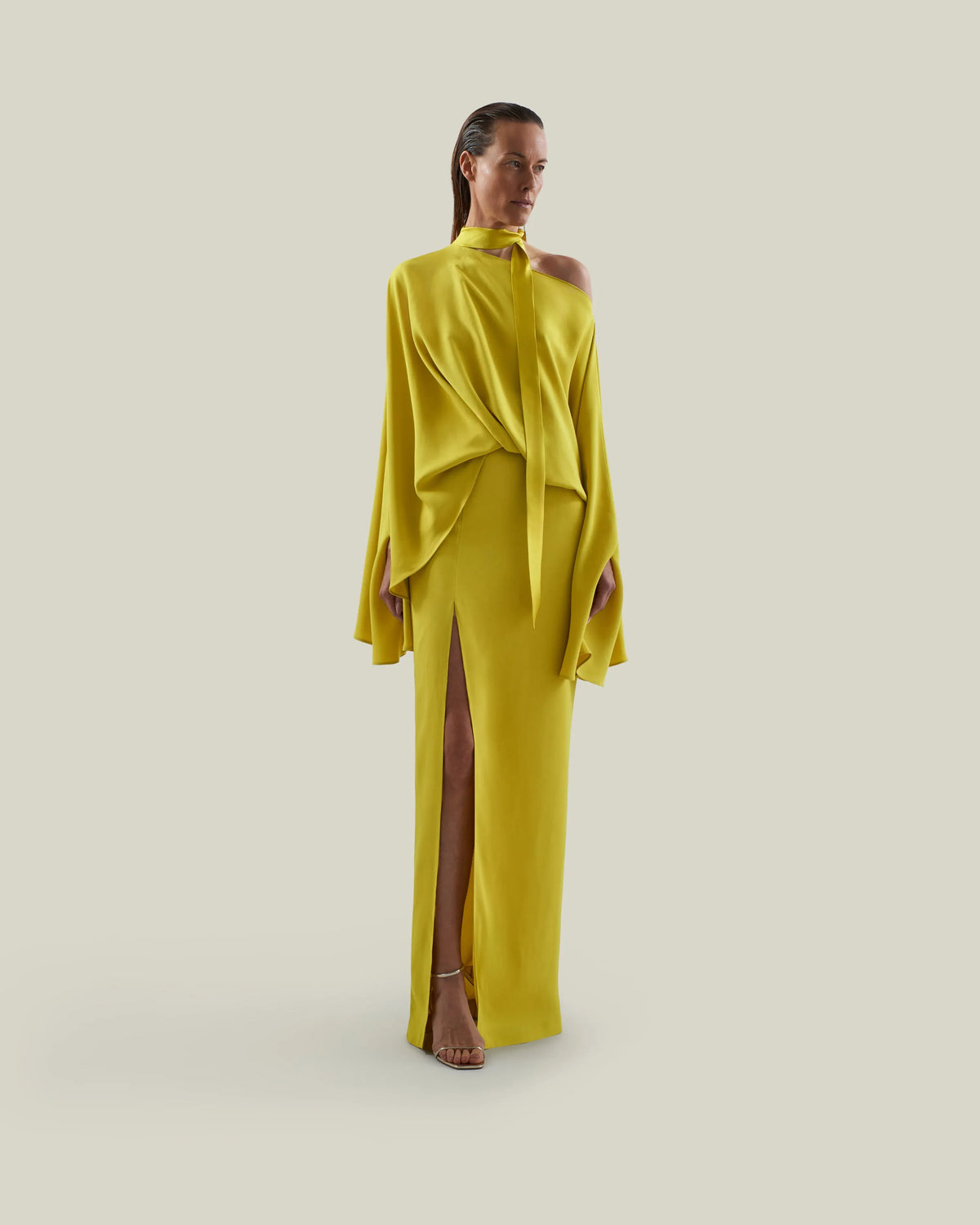 Brooks Neck Tie Thigh Slit Evening Dress in Yellow
