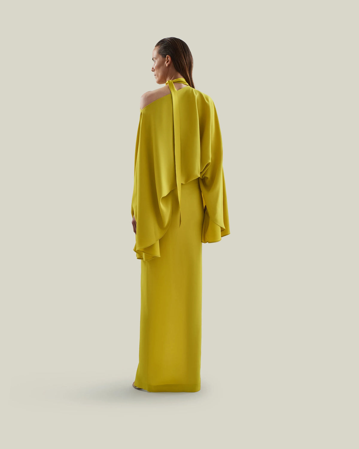 Brooks Neck Tie Thigh Slit Evening Dress in Yellow