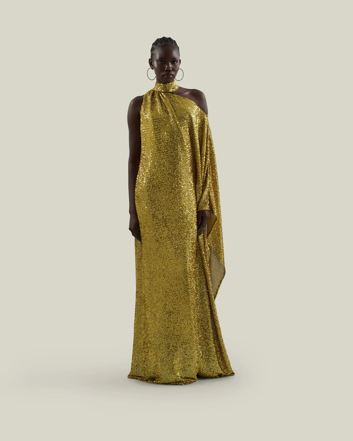 Atlas Disco Metallic Sequins One Shoulder Evening Dress in Yellow