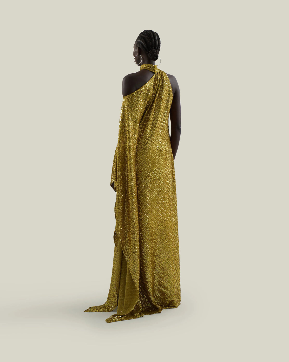 Atlas Disco Metallic Sequins One Shoulder Evening Dress in Yellow