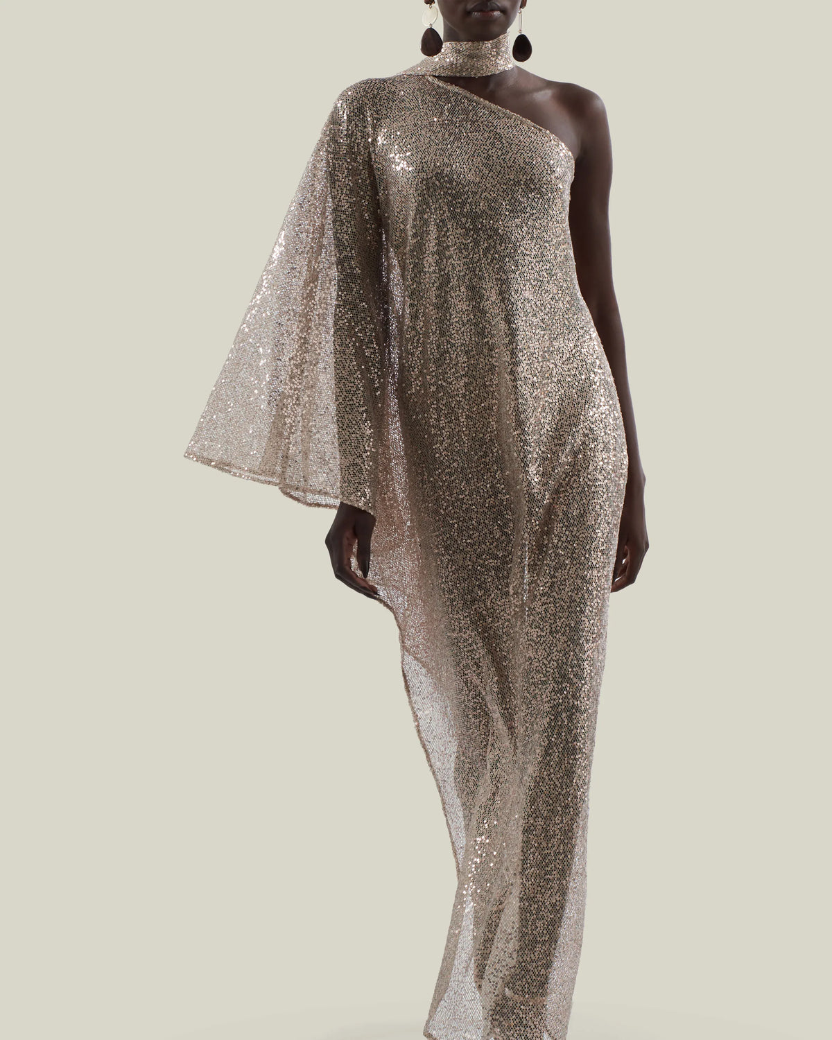 Ubud Disco Metallic Sequins One Shoulder Sheer Evening Dress in White