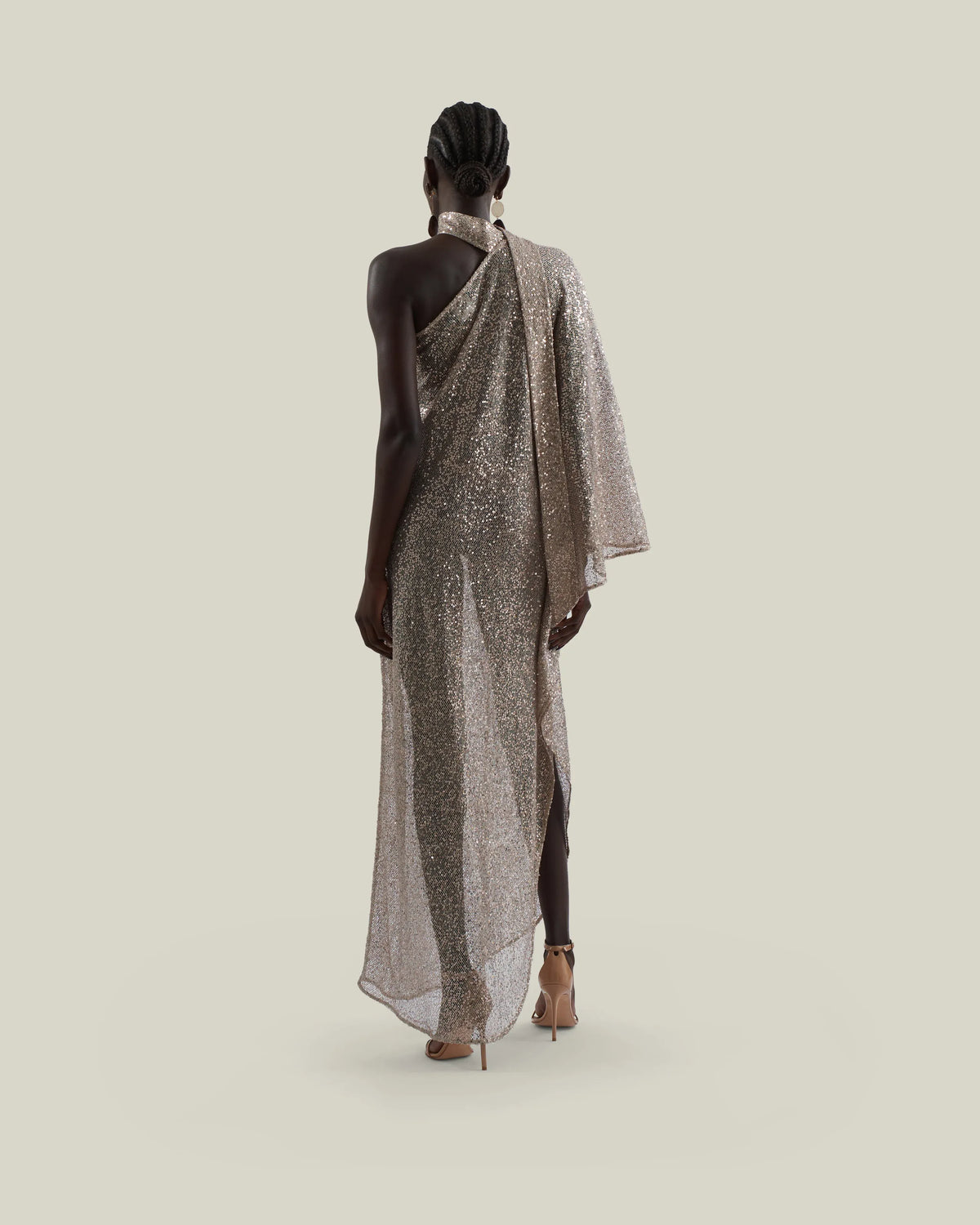 Ubud Disco Metallic Sequins One Shoulder Sheer Evening Dress in White