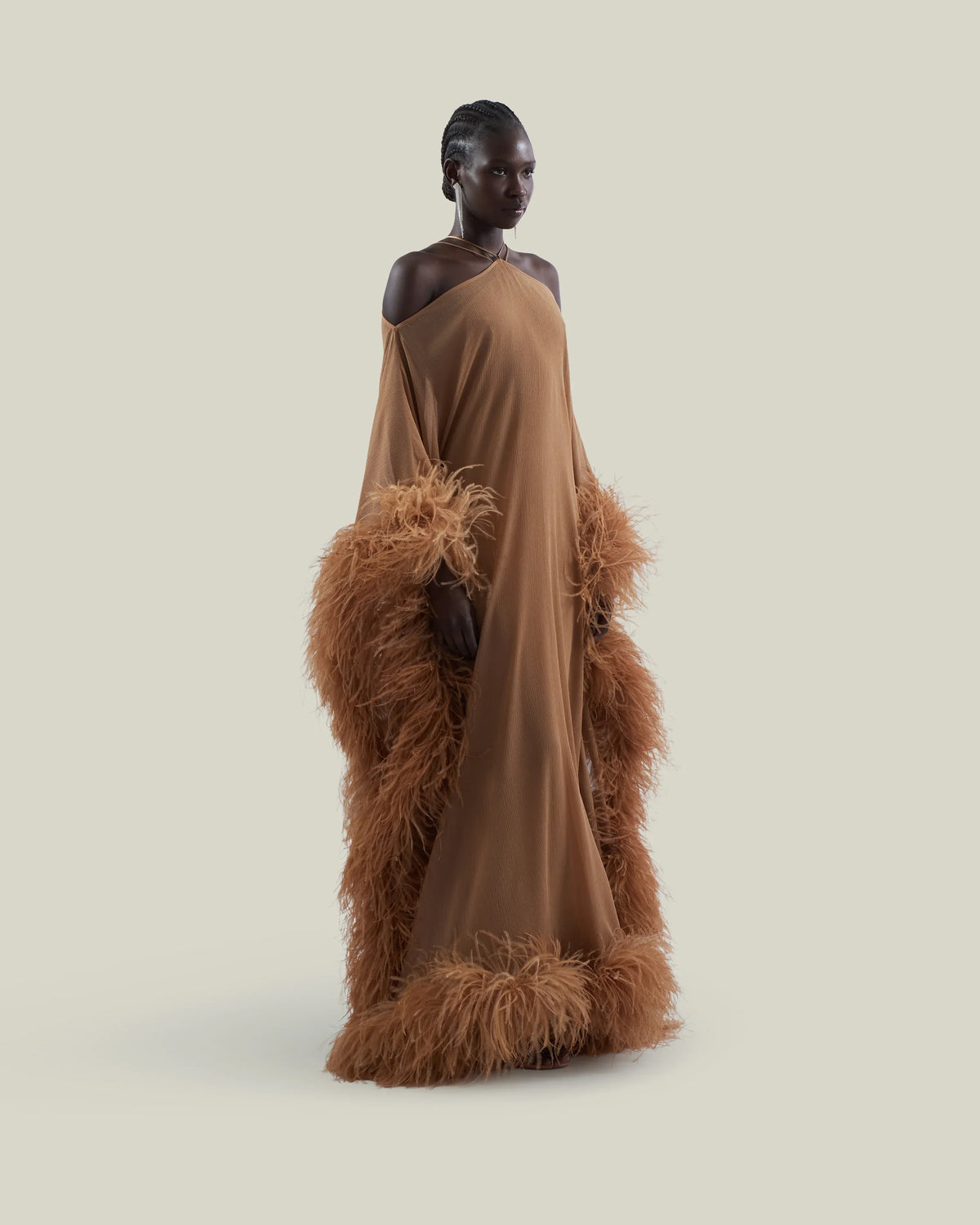 Sza Sza Spirito Halter Neck Feathered Silk Maxi Kaftan in Brown