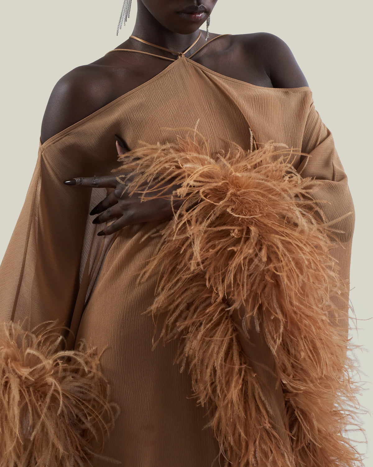 Sza Sza Spirito Halter Neck Feathered Silk Maxi Kaftan in Brown