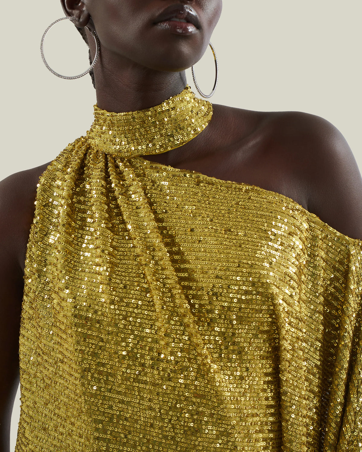 Atlas Disco Metallic Sequins One Shoulder Evening Dress in Yellow