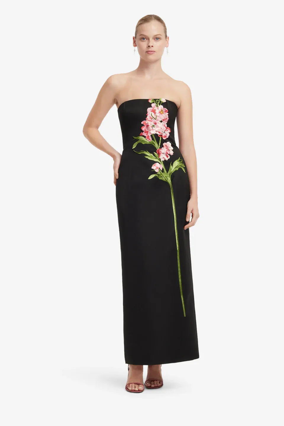 Rayna Snapdragon Floral Embroidered Bustier Strapless Maxi Dress in Black
