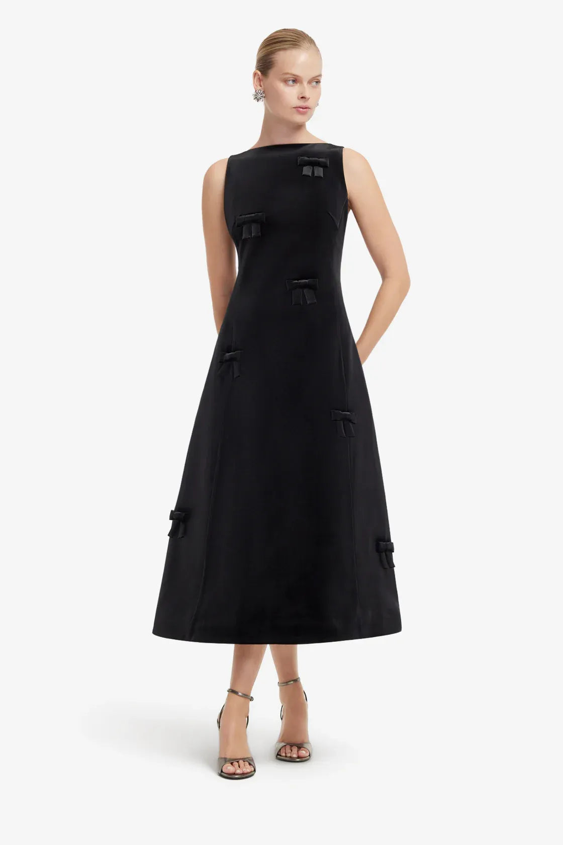 Cleo Bow Applique Sleeveless Midi Dress in Black
