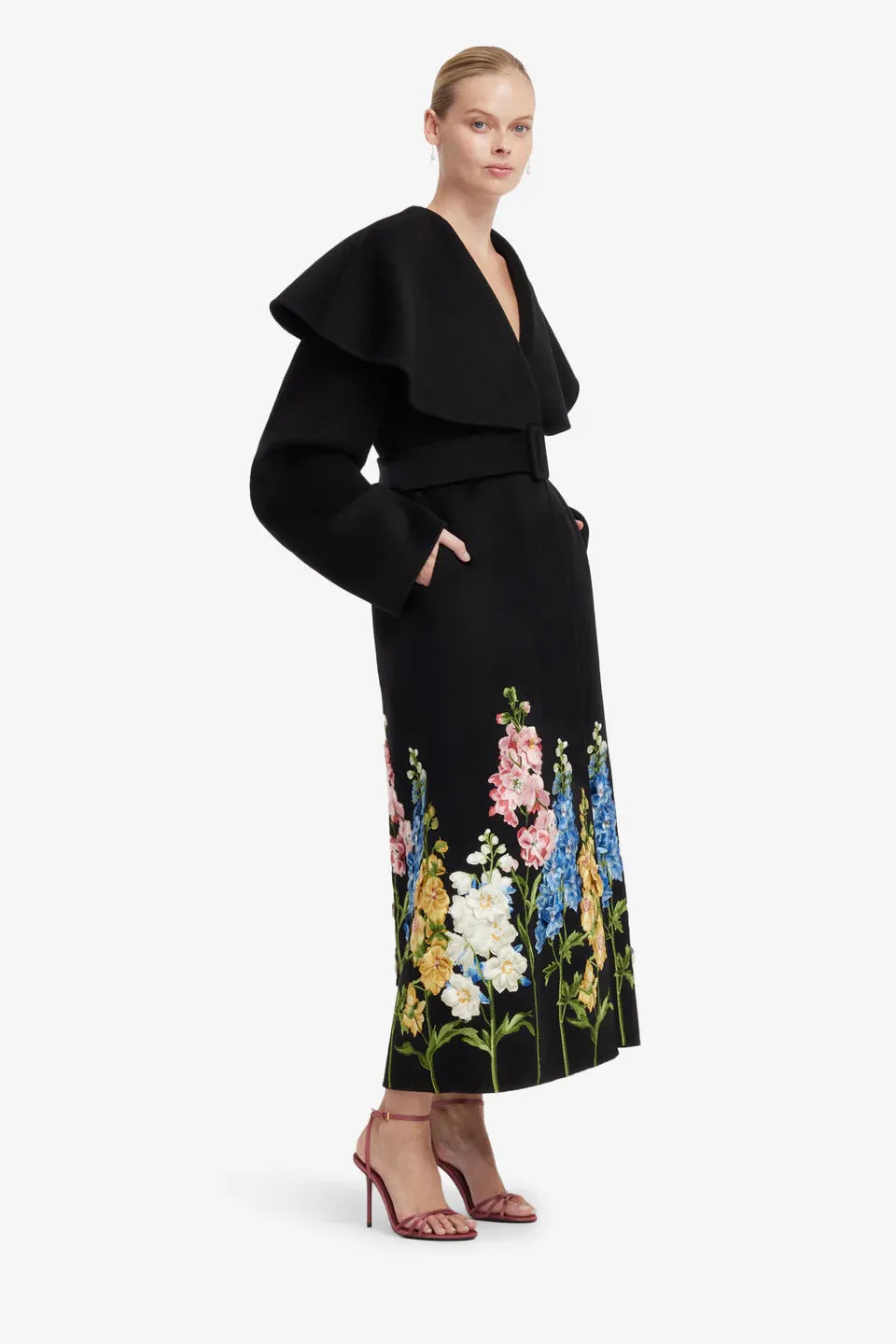 Joan Snapdragon Floral Wool Coat in Black
