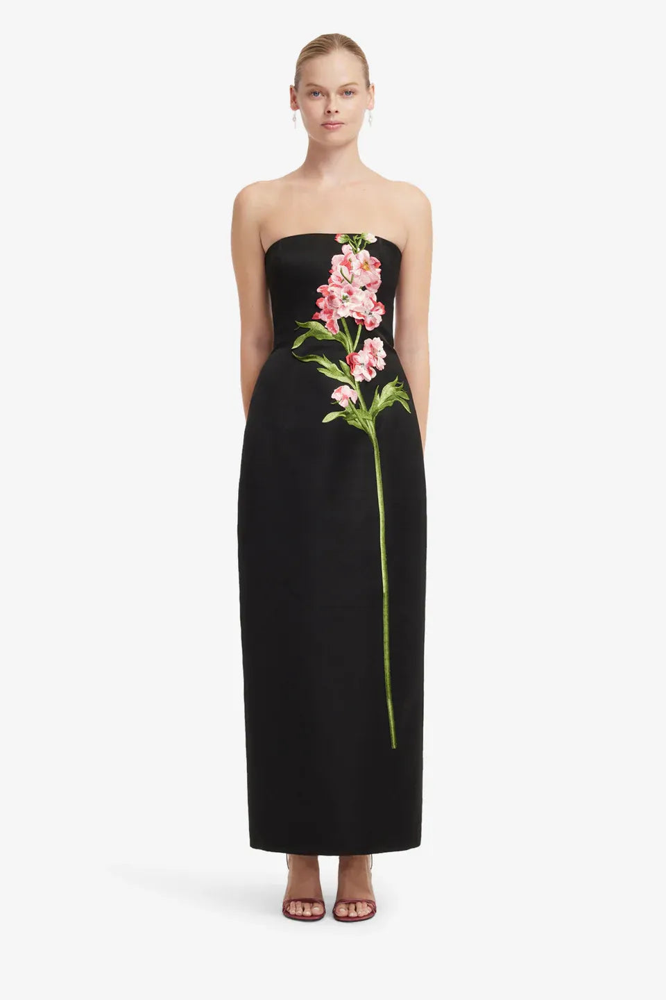 Rayna Snapdragon Floral Embroidered Bustier Strapless Maxi Dress in Black