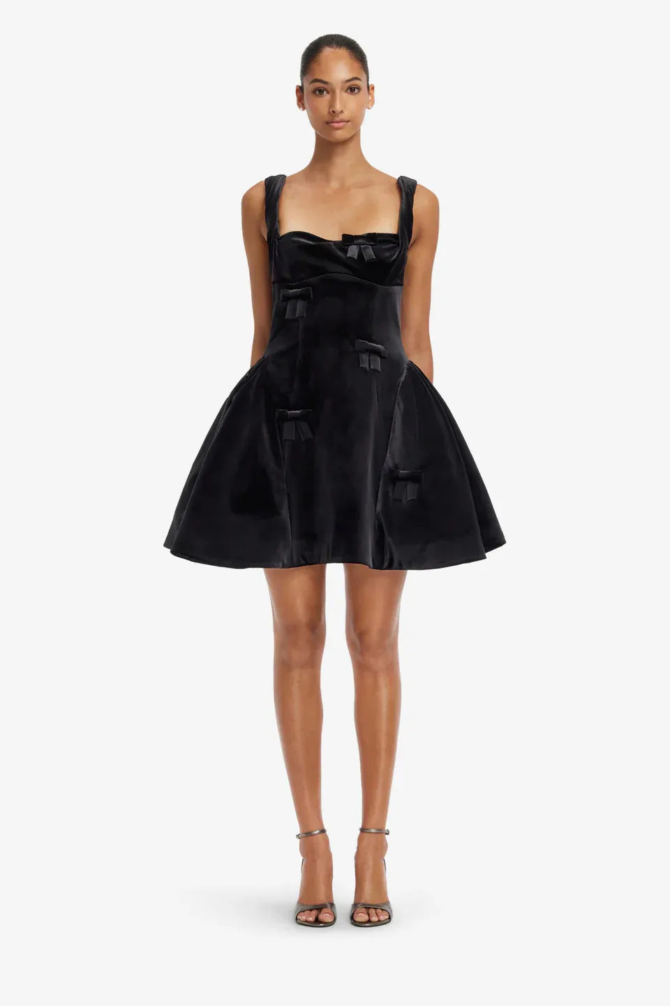 Ariel Velvet Bow Applique Sleeveless Mini Dress in Black
