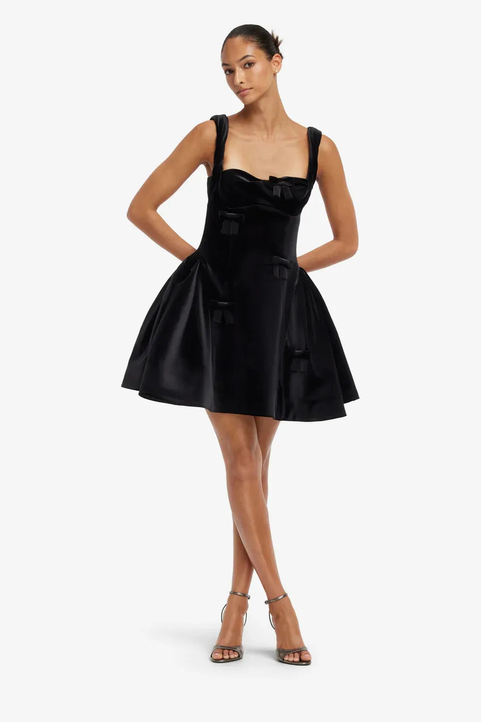 Ariel Velvet Bow Applique Sleeveless Mini Dress in Black