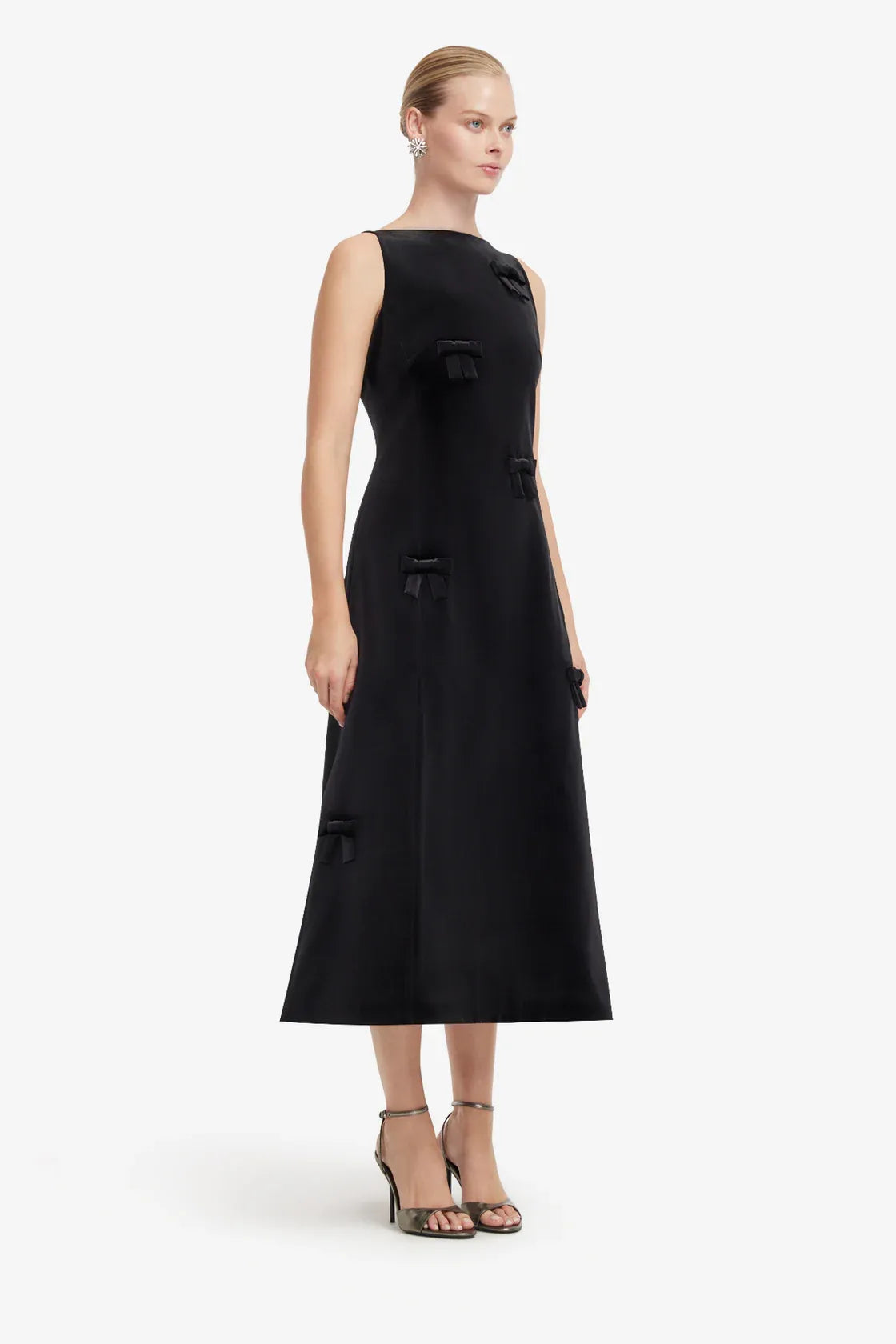 Cleo Bow Applique Sleeveless Midi Dress in Black