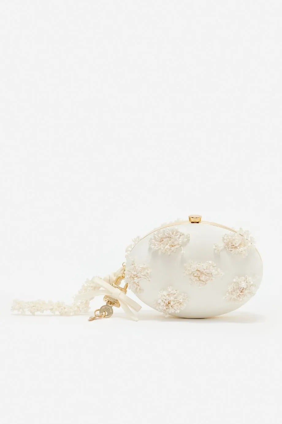 Satin Floral Beaded Oval Clutch Bag in Cream