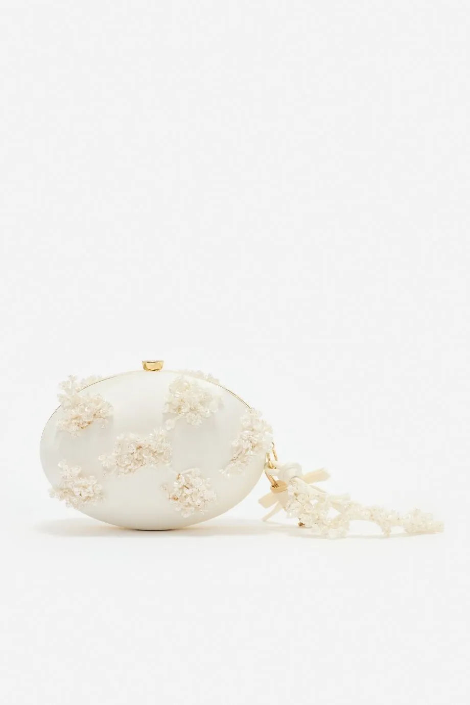 Satin Floral Beaded Oval Clutch Bag in Cream