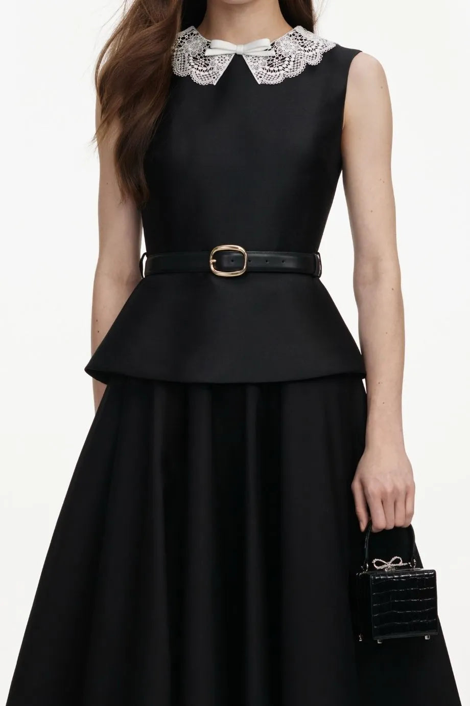 Taffeta Sleeveless Peplum Belted Midi Dress in Black