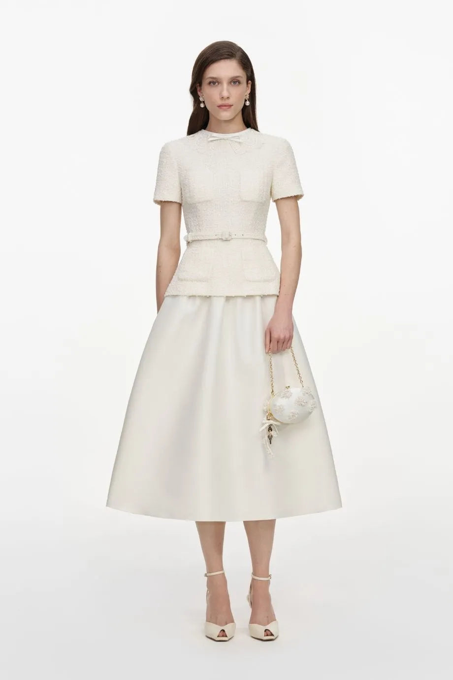 Boucle Short Sleeves Taffeta Belted Midi Dress in Cream
