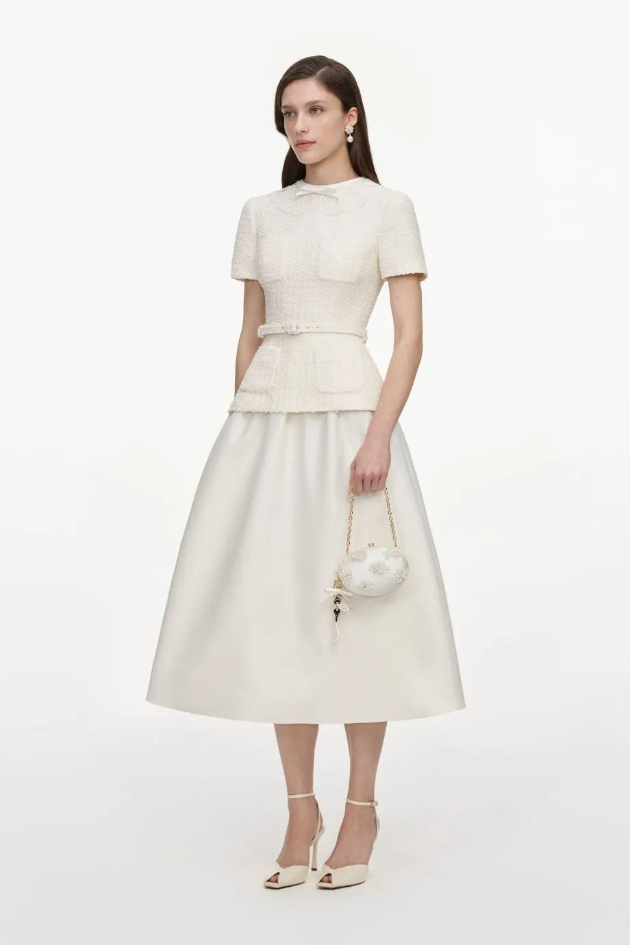 Boucle Short Sleeves Taffeta Belted Midi Dress in Cream