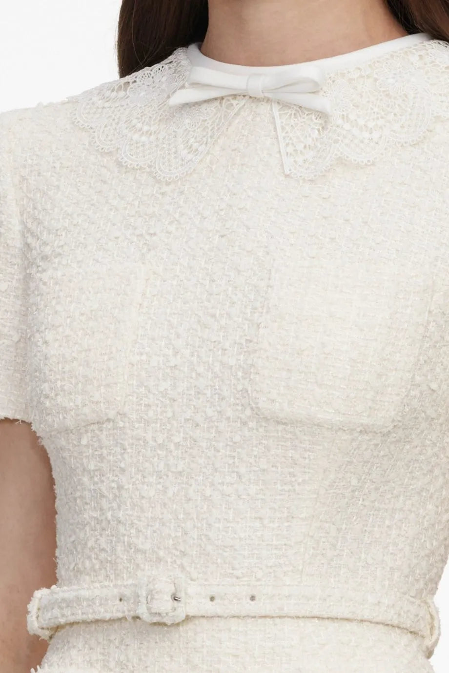 Boucle Short Sleeves Taffeta Belted Midi Dress in Cream