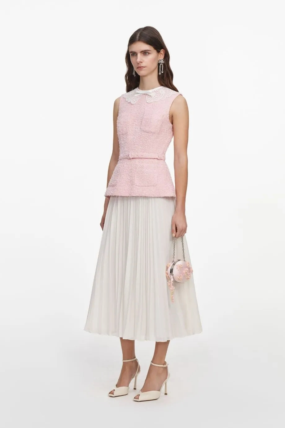 Boucle Lace Collar Belted Sleeveless Midi Dress in Pink