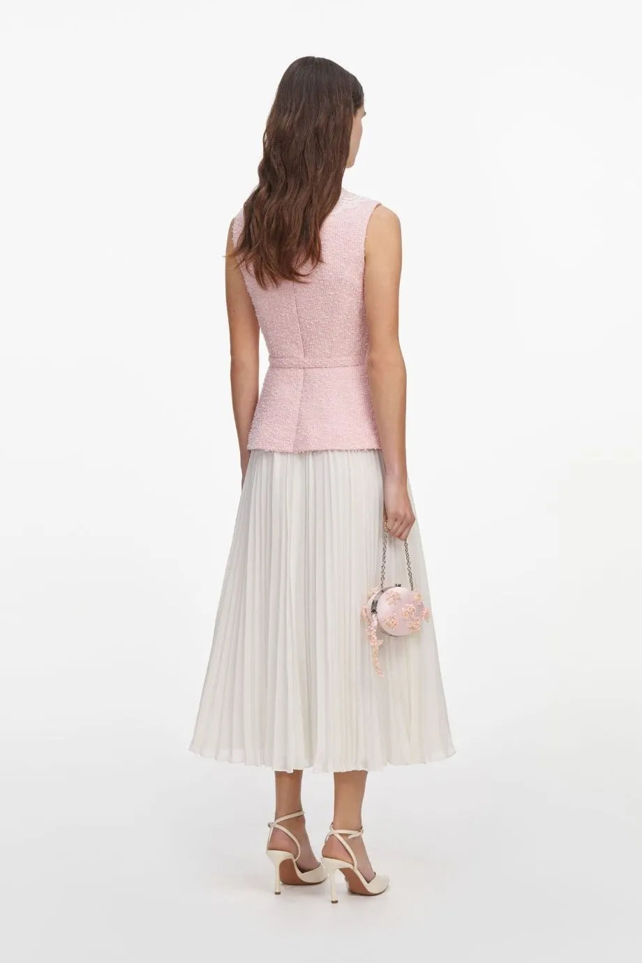 Boucle Lace Collar Belted Sleeveless Midi Dress in Pink