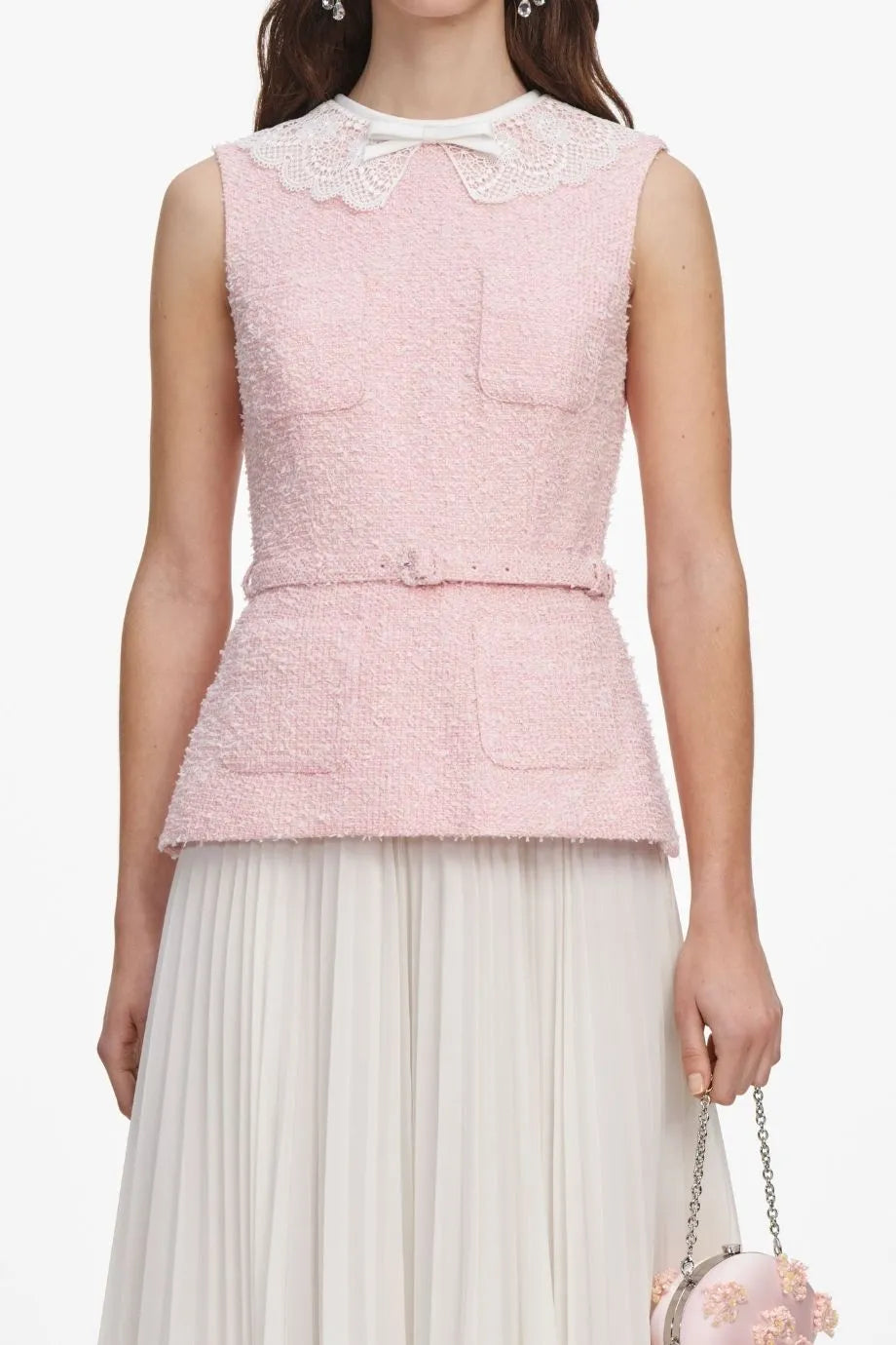 Boucle Lace Collar Belted Sleeveless Midi Dress in Pink