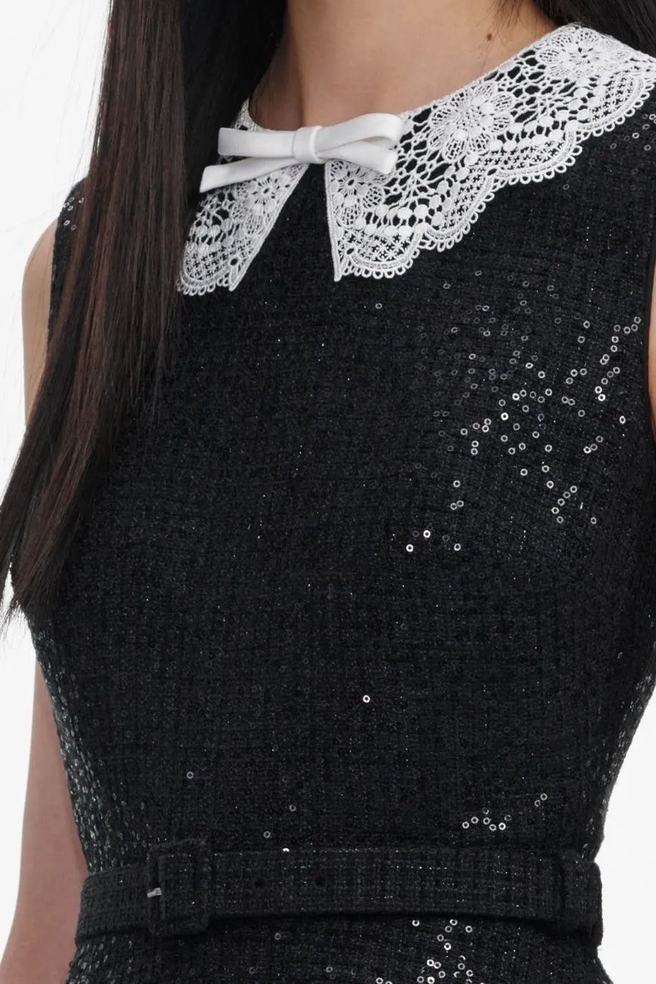 Sequin Collar Boucle Sleeveless Mini Dress in Black