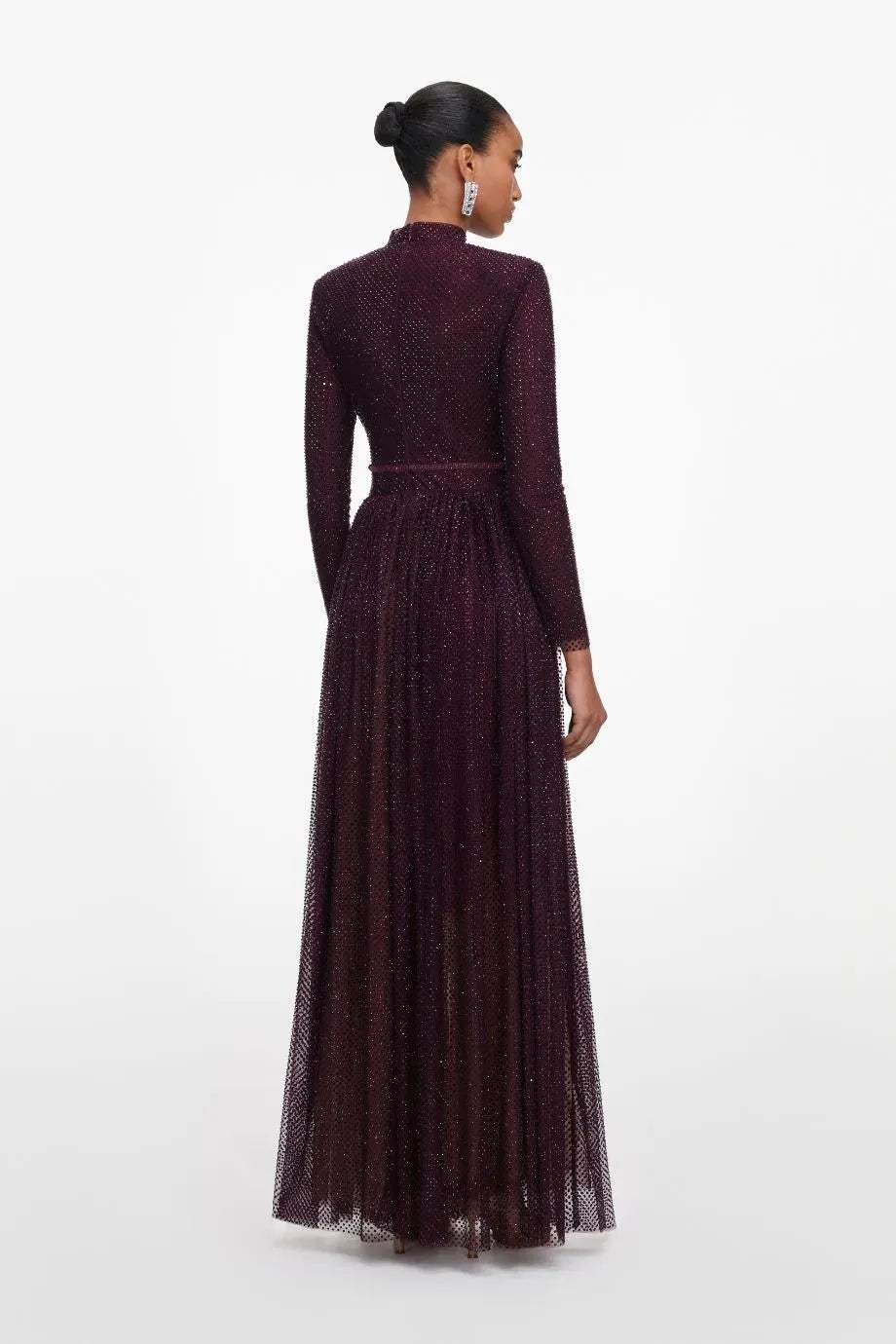 Rhinestones Long Sleeves Belted Evening Dress in Burgundy