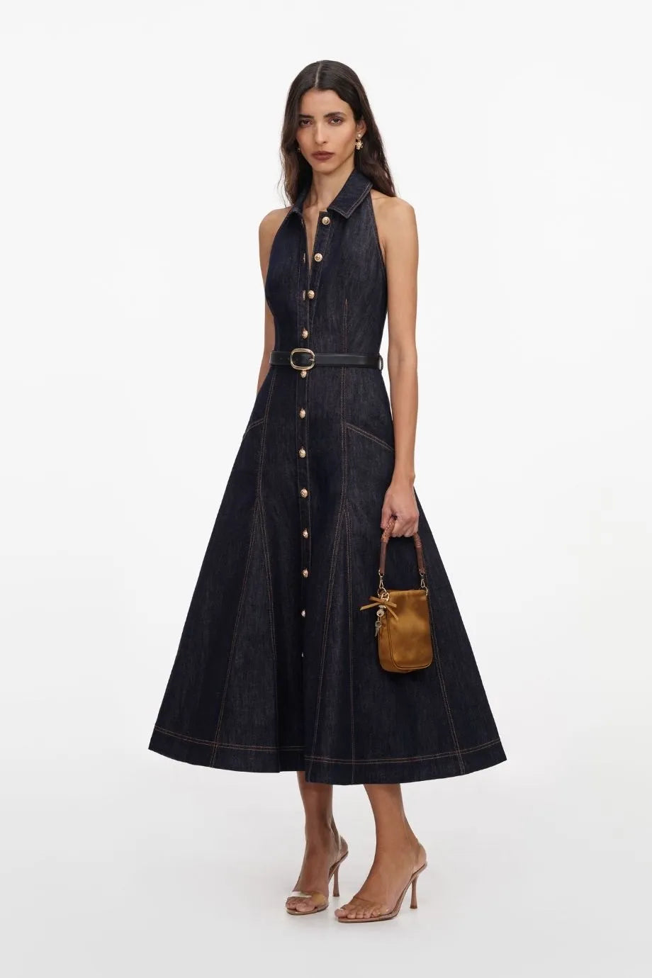 Denim Halter Neck Sleeveless Cotton Belted Midi Dress in Blue