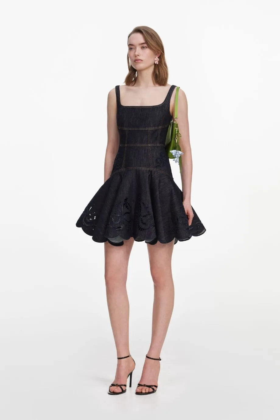 Denim Bow Embroidered Sleeveless Cotton Mini Dress in Blue